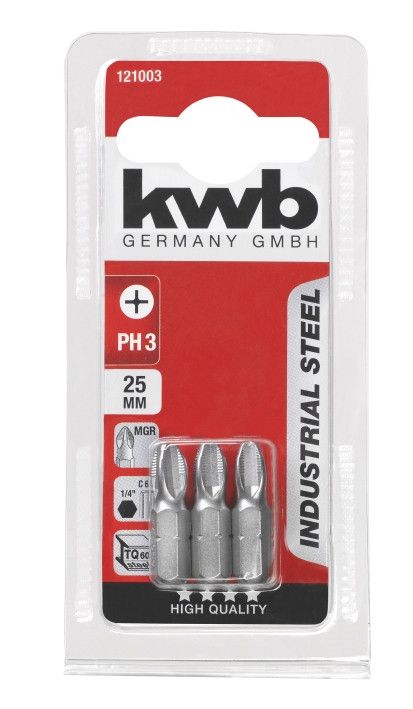 Бита из индустриальной стали, PH3, 25мм, 3шт, KWB (121003)