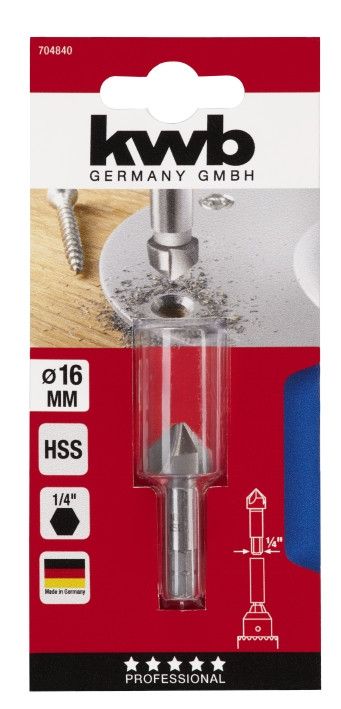 Зенкер HSS 16 мм, 3 кромки, 6-гранный хвостовик, KWB (704840)