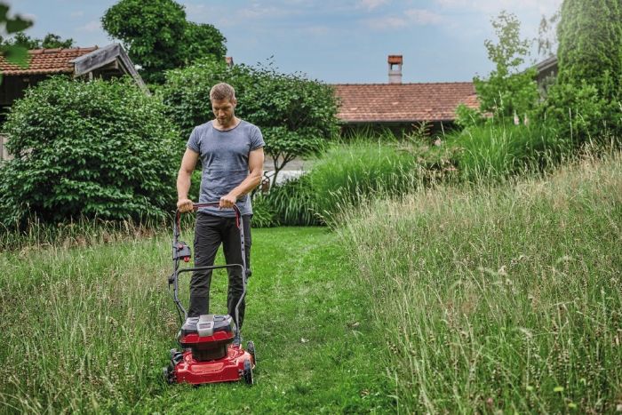 Газонокосарка акумуляторна Einhell GE-CM 36/48 Li M,  (3413054) X-Change (без акум), 36В, безщітковий двигун, вис. 30-75 мм, шир. 480 мм, мульчування, без травозбірника, 4 слоти для акумуляторів