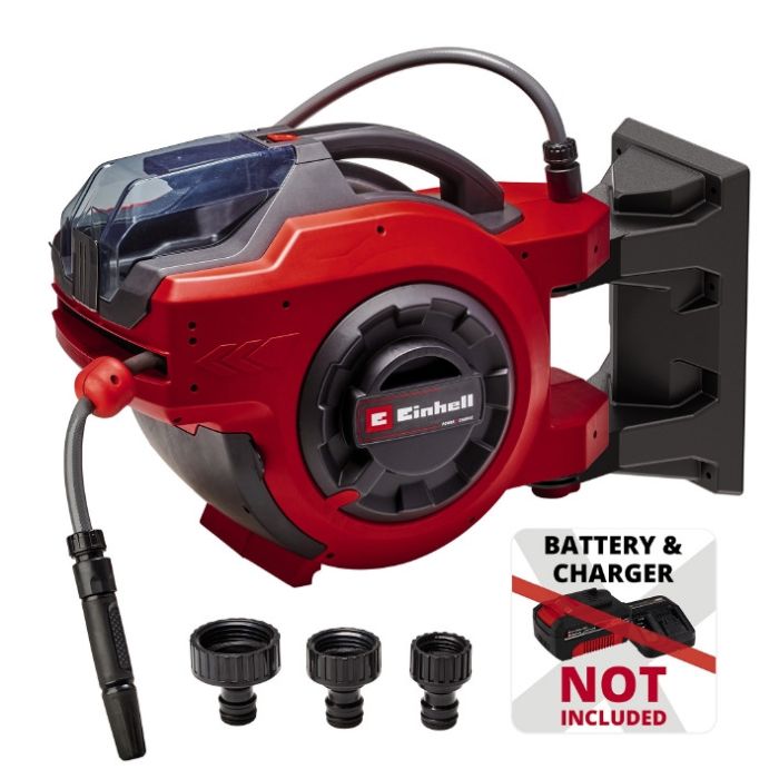Котушка для шланга акумуляторна Einhell GE-HR 18/30 Li-Solo (без АКБ та ЗП)  X-Change , 18В, шланг 30м (1/2"), шланг під'єднання 1.5м, до 8 бар, настінний тримач, розпилювач і адаптери в комплекті