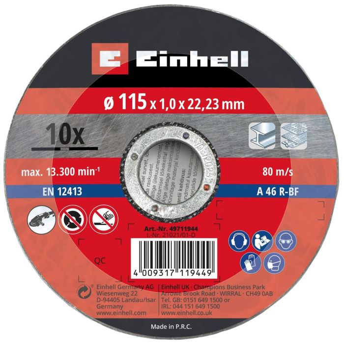 Отрезной диск Einhell по металлу, 115х1,0 мм, 10 шт (711944)