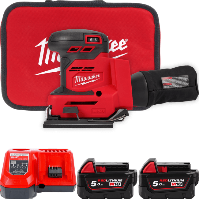 Шлифмашина вибрационная аккумуляторная MILWAUKEE M18 BQSS-502B (ЗУ+2акк.Х5Ач+сумка)