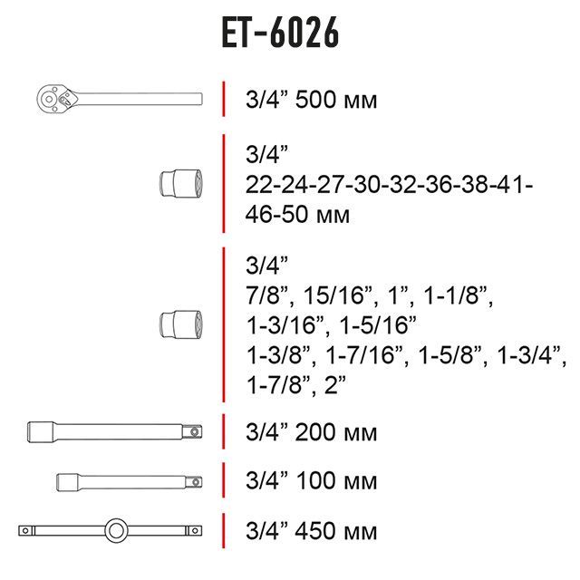 Профессиональный набор инструментов 3/4", 26 ед. INTERTOOL ET-6026
