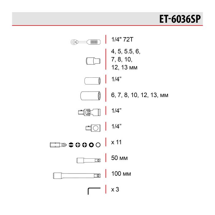 Набор инструментов 36 ед., 1/4" INTERTOOL ET-6036SP