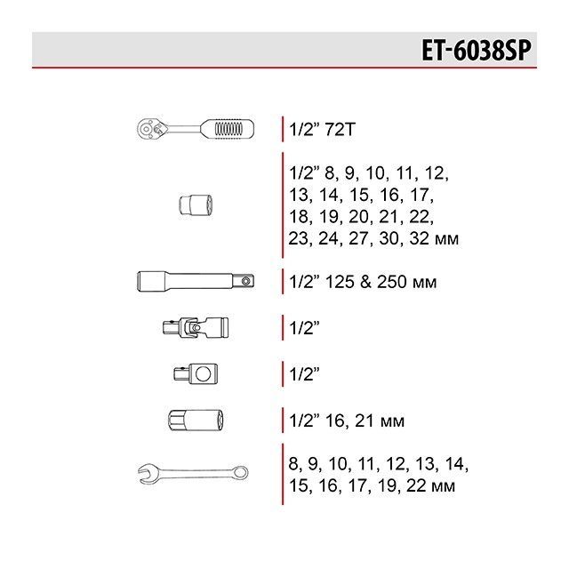 Набор инструментов 38 ед. 1/2" INTERTOOL ET-6038SP