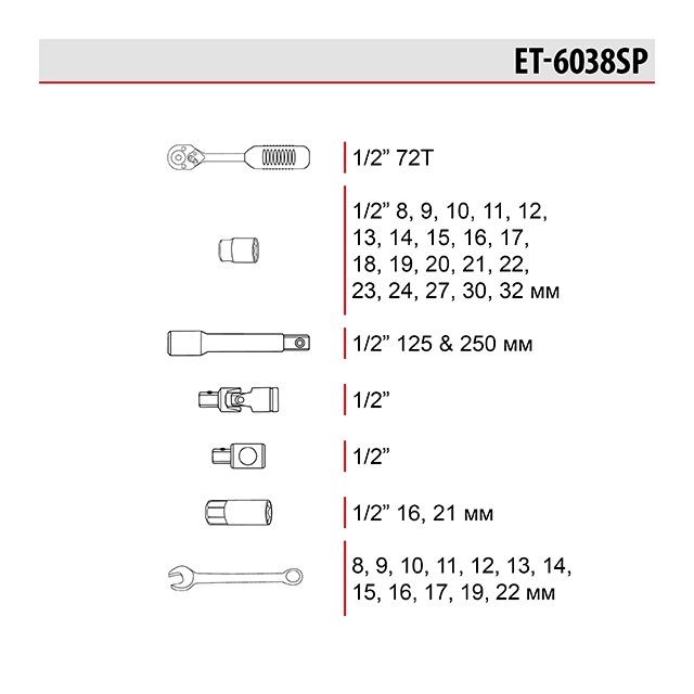 Набор инструментов 38 ед. 1/2" INTERTOOL ET-6038SP