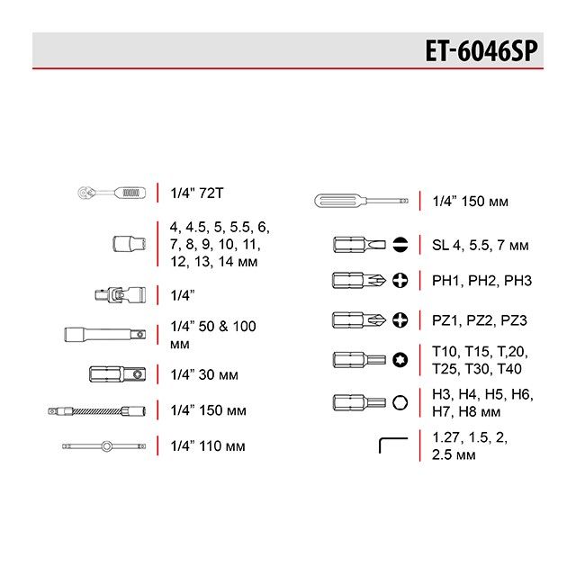 Набор инструментов 46 ед., 1/4" INTERTOOL ET-6046SP