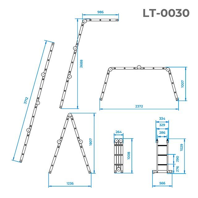 Лестница алюминиевая мультифункциональная трансформер 4*3 ступ., 3,70 м INTERTOOL LT-0030