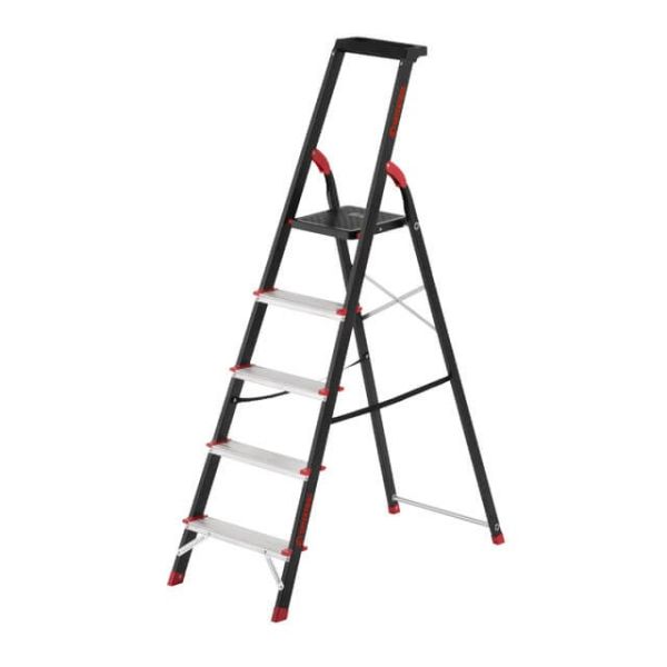 Стремянка 5 ступеней, лоток для инвентаря, стальной профиль, высота верхней ступени 1065мм, 457х890х1570мм, 150кг INTERTOOL LT-0055