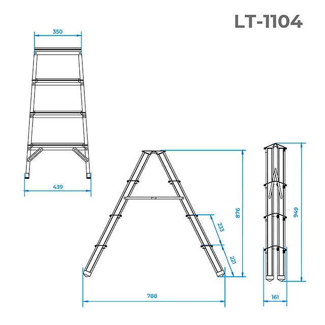 Стремянка алюминиевая двусторонняя 4 ступени, высота 876 мм INTERTOOL LT-1104