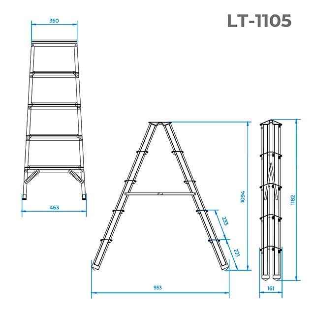 Стремянка алюминиевая двусторонняя 5 ступени, высота 1094 мм INTERTOOL LT-1105