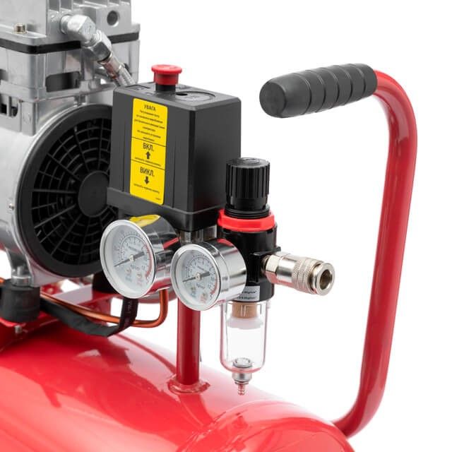 Компрессор 24 л, 0.75 кВт, 220 В, 8 атм, 145 л/мин, 1400 об/мин, малошумный, безмасляный, 2 цилиндра INTERTOOL PT-0022