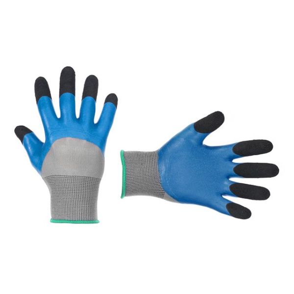 Перчатка трикотажная, усиленная, 8", покрытие ладони вспененным латексом синего цвета, покрытие пальцев морщинистым латексом черного цвета INTERTOOL SP-0105