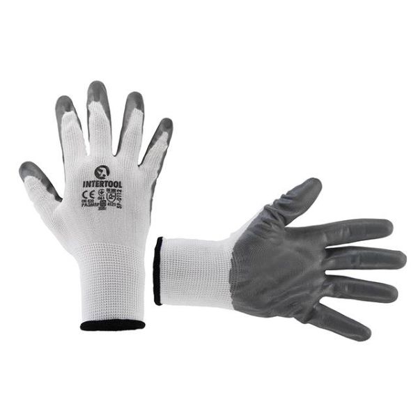 Перчатка трикотажная, синтетическая, белая, покрыта серым нитрилом на ладони,10" INTERTOOL SP-0112
