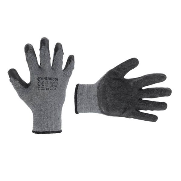 Перчатка трикотажная х/б серая, покрыта черным вспененным латексом, 10" INTERTOOL SP-0115