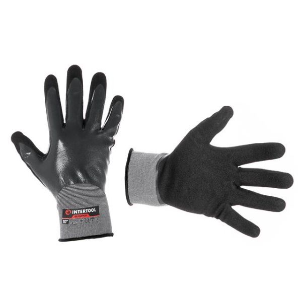 Перчатка трикотажная, полное двухслойное нитриловое покрытие, базовое гладкое, пористое на ладони, 10", дышащая, STORM INTERTOOL SP-0190