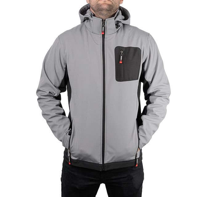 Куртка SOFTSHELL светло серо-черная, с капюшоном, трехслойная, ткань стрейч 300 GSM 100D с водо-, ветрозащитой, размер S INTERTOOL SP-3121