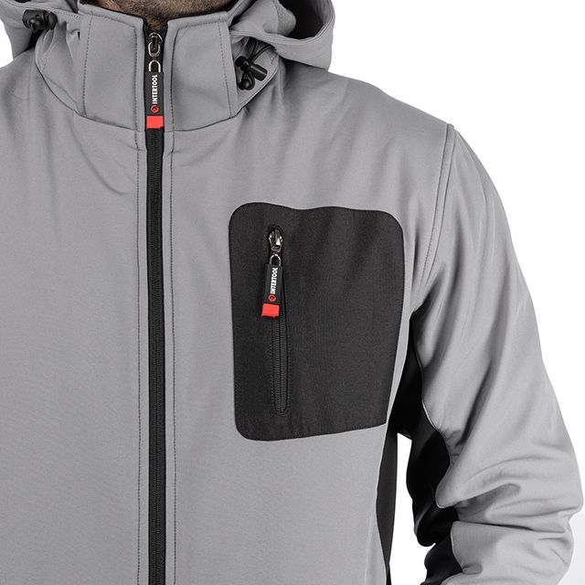 Куртка SOFTSHELL светло серо-черная, с капюшоном, трехслойная, ткань стрейч 300 GSM 100D с водо-, ветрозащитой, размер S INTERTOOL SP-3121