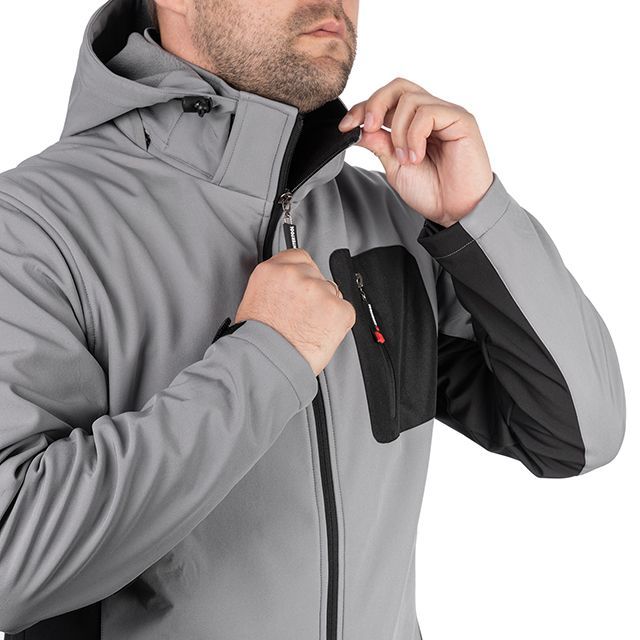 Куртка SOFTSHELL светло серо-черная, с капюшоном, трехслойная, ткань стрейч 300 GSM 100D с водо-, ветрозащитой, размер S INTERTOOL SP-3121