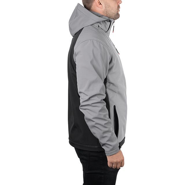 Куртка SOFTSHELL светло серо-черная, с капюшоном, трехслойная, ткань стрейч 300 GSM 100D с водо-, ветрозащитой, размер S INTERTOOL SP-3121
