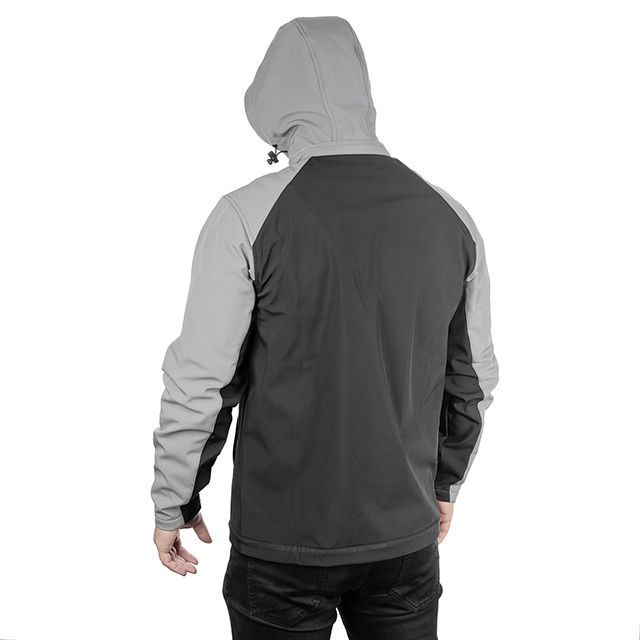 Куртка SOFTSHELL светло серо-черная, с капюшоном, трехслойная, ткань стрейч 300 GSM 100D с водо-, ветрозащитой, размер S INTERTOOL SP-3121