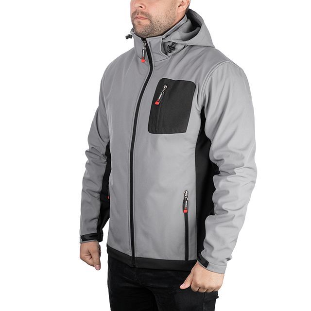 Куртка SOFTSHELL светло серо-черная, с капюшоном, трехслойная, ткань стрейч 300 GSM 100D с водо-, ветрозащитой, размер S INTERTOOL SP-3121