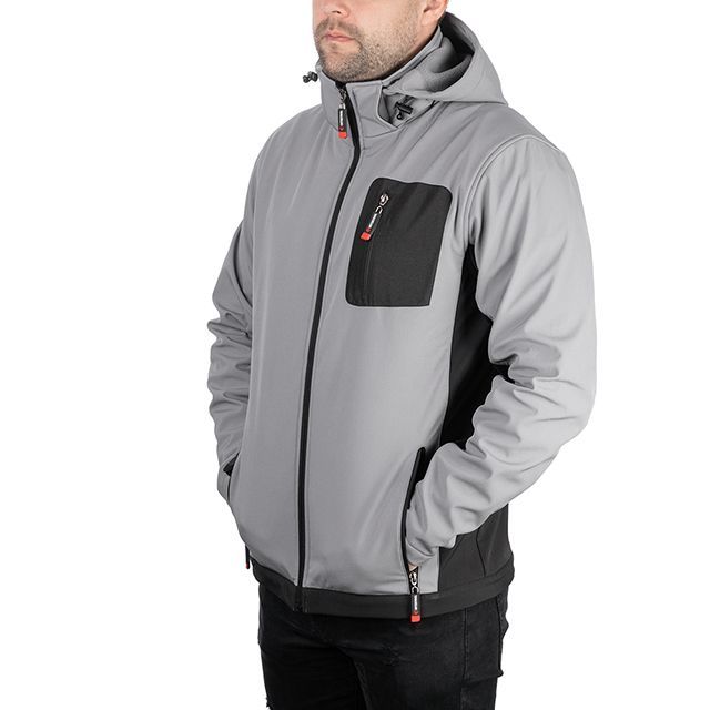 Куртка SOFTSHELL светло серо-черная, с капюшоном, трехслойная, ткань стрейч 300 GSM 100D с водо-, ветрозащитой, размер М INTERTOOL SP-3122