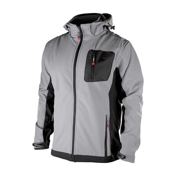 Куртка SOFTSHELL, светло серо-черная, с капюшоном, трехслойная, ткань стрейч 300GSM 100D с водо-, ветрозащитой, XXL INTERTOOL SP-3125