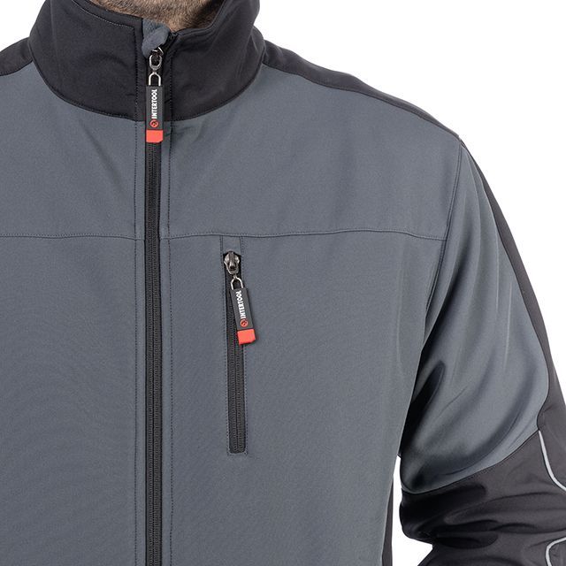 Куртка SOFTSHELL, темно серо-черная, трехслойная, ткань стрейч 300GSM 100D, с водо-, ветрозащитой, М INTERTOOL SP-3132