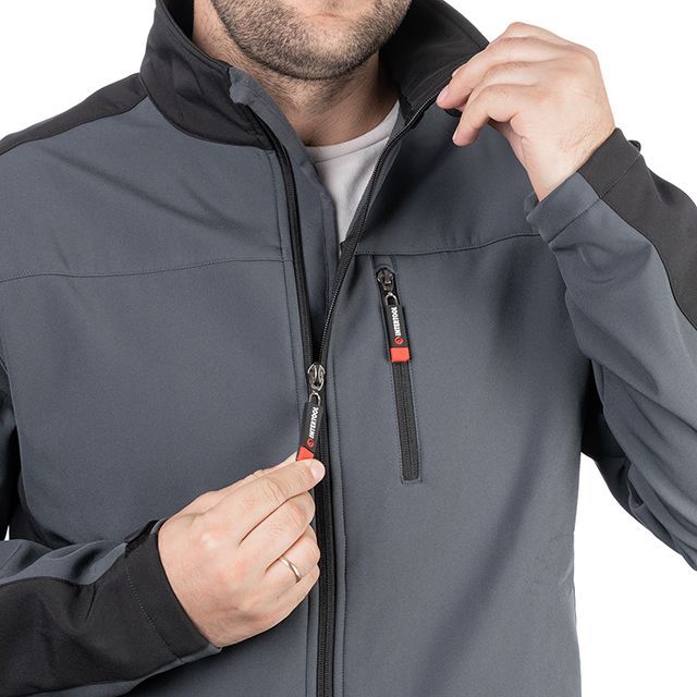 Куртка SOFTSHELL, темно серо-черная, трехслойная, ткань стрейч 300GSM 100D, с водо-, ветрозащитой, М INTERTOOL SP-3132