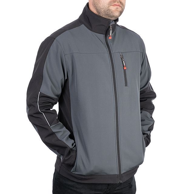 Куртка SOFTSHELL, темно серо-черная, трехслойная, ткань стрейч 300GSM 100D, с водо-, ветрозащитой, XL INTERTOOL SP-3134