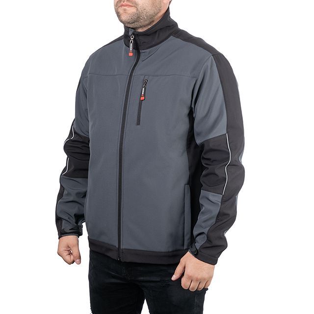 Куртка SOFTSHELL, темно серо-черная, трехслойная, ткань стрейч 300GSM 100D, с водо-, ветрозащитой, XXL INTERTOOL SP-3135