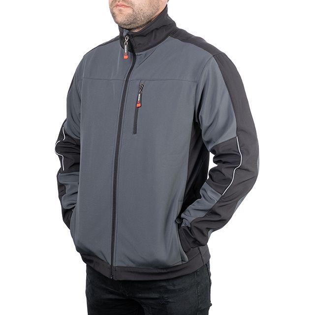 Куртка SOFTSHELL, темно серо-черная, трехслойная, ткань стрейч 300GSM 100D, с водо-, ветрозащитой, XXL INTERTOOL SP-3135