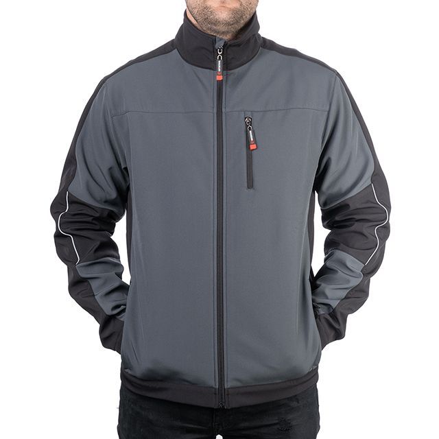 Куртка SOFTSHELL, темно серо-черная, трехслойная, ткань стрейч 300GSM 100D, с водо-, ветрозащитой, XXL INTERTOOL SP-3135