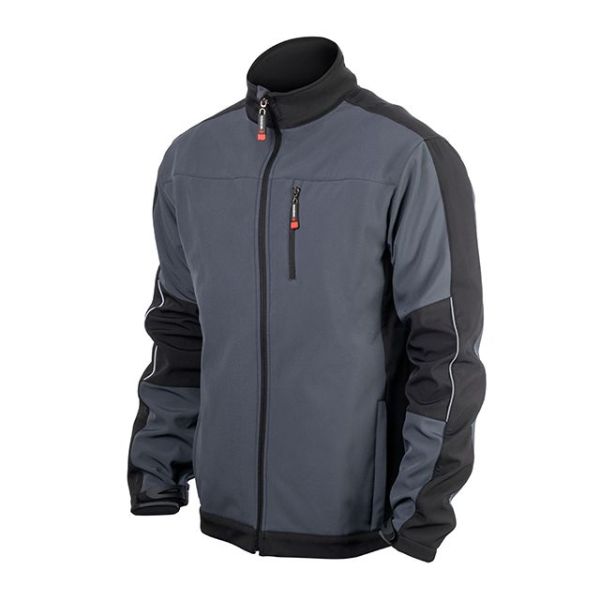 Куртка SOFTSHELL, темно серо-черная, трехслойная, ткань стрейч 300GSM 100D, с водо-, ветрозащитой, XXL INTERTOOL SP-3135