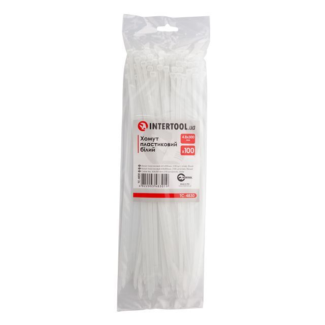 Хомут пластиковый 4,8*300 мм, белый, 100 ед. INTERTOOL TC-4830