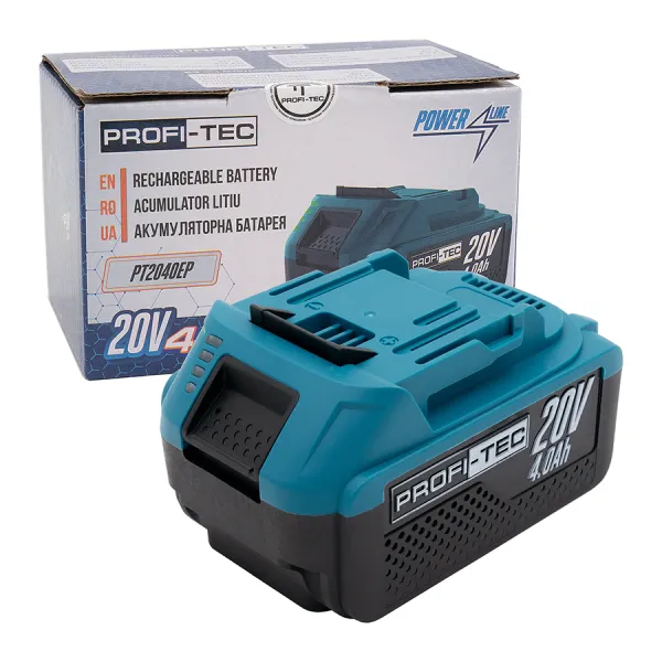 Акумуляторна батарея PROFI-TEC PT2040EP POWERLine (20 В / 4.0 Аг, високострумова, з індикатором) Акумуляторна батарея PROFI-TEC PT2040EP POWERLine (20 В / 4.0 Аг, високострумова, з індикатором)