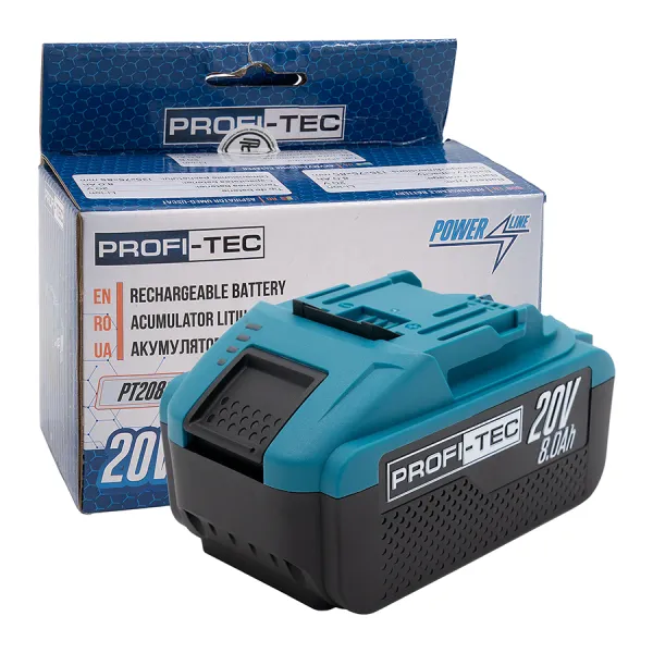 Акумуляторна батарея PROFI-TEC PT2080EP POWERLine (20 В / 8.0 Аг, високострумова, з індикатором) Акумуляторна батарея PROFI-TEC PT2080EP POWERLine (20 В / 8.0 Аг, високострумова, з індикатором)