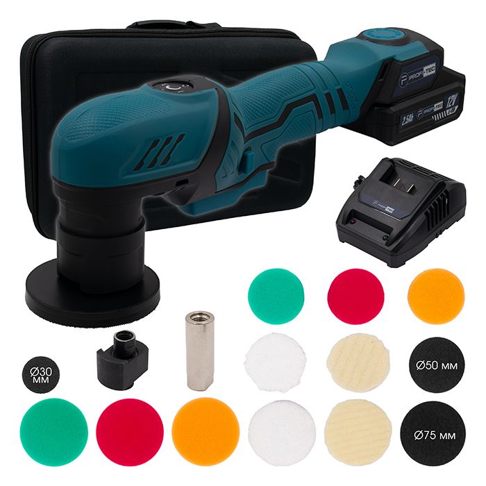 Акумуляторна ексцентрикова полірувальна машина PROFI-TEC PPM-8012SCP Set Professional (2×PT1225 (2.5 Аг), зарядний пристрій)