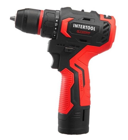 Дриль-шуруповерт акумуляторний, безщітковий двигун, 12 В, 50 Nm, 0-500/0-1900 об/хв, патрон 0,8-10 мм, 2x2,0 Ач INTERTOOL WT-0322