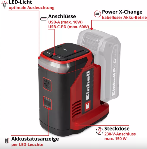 Інвертор акумуляторний Einhell TE-ES 18/150/1 Li-C-Solo X-Change (без акум.), 18 В, 150 Вт, дисплей, 1 розетка 220 В, LED-фонар,