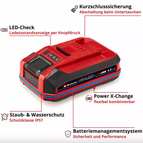 Акумулятор Einhell 18V 4,0Ah SEALED Power X-Change PLUS, Li-Ion герметичний, захист від води і пилу, макс. 900 Вт, тонкий корпус 